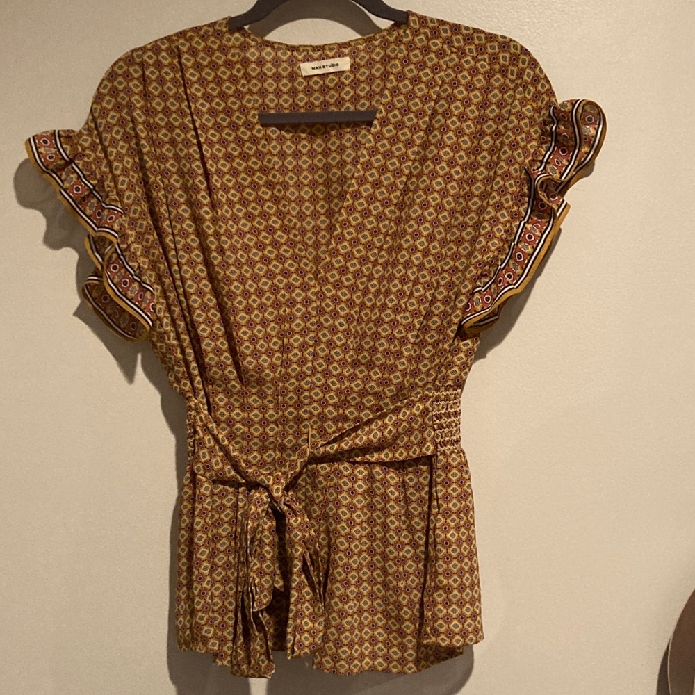 Max Studio Geometric Brown Blouse with Ruffle Sleeves